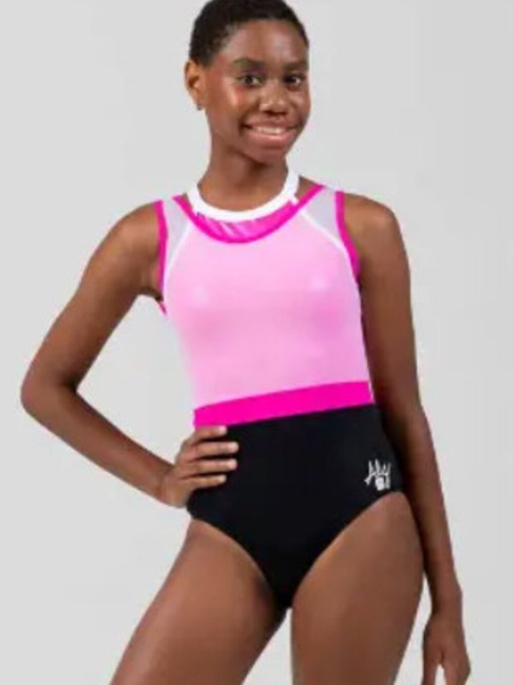 Sylvia P x Aly Raisman Gymnastics Leotard Pink Black Mesh Strappy Back Size AXS